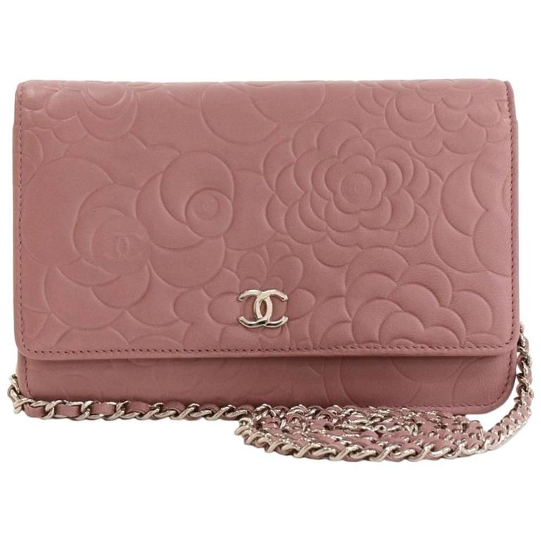 Chanel Pink Lambskin Camellia Wallet on a Chain WOC Crossbody Shoulder Bag For Sale at 1stdibs