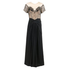 COUTURE 1930’s Sheer Sequin Lace Black Pleated Floor Length Evening Gown Dress