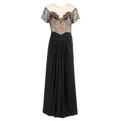 COUTURE Abito da sera anni '30 in pizzo trasparente con paillettes, nero e plissettato, lungo fino al pavimento