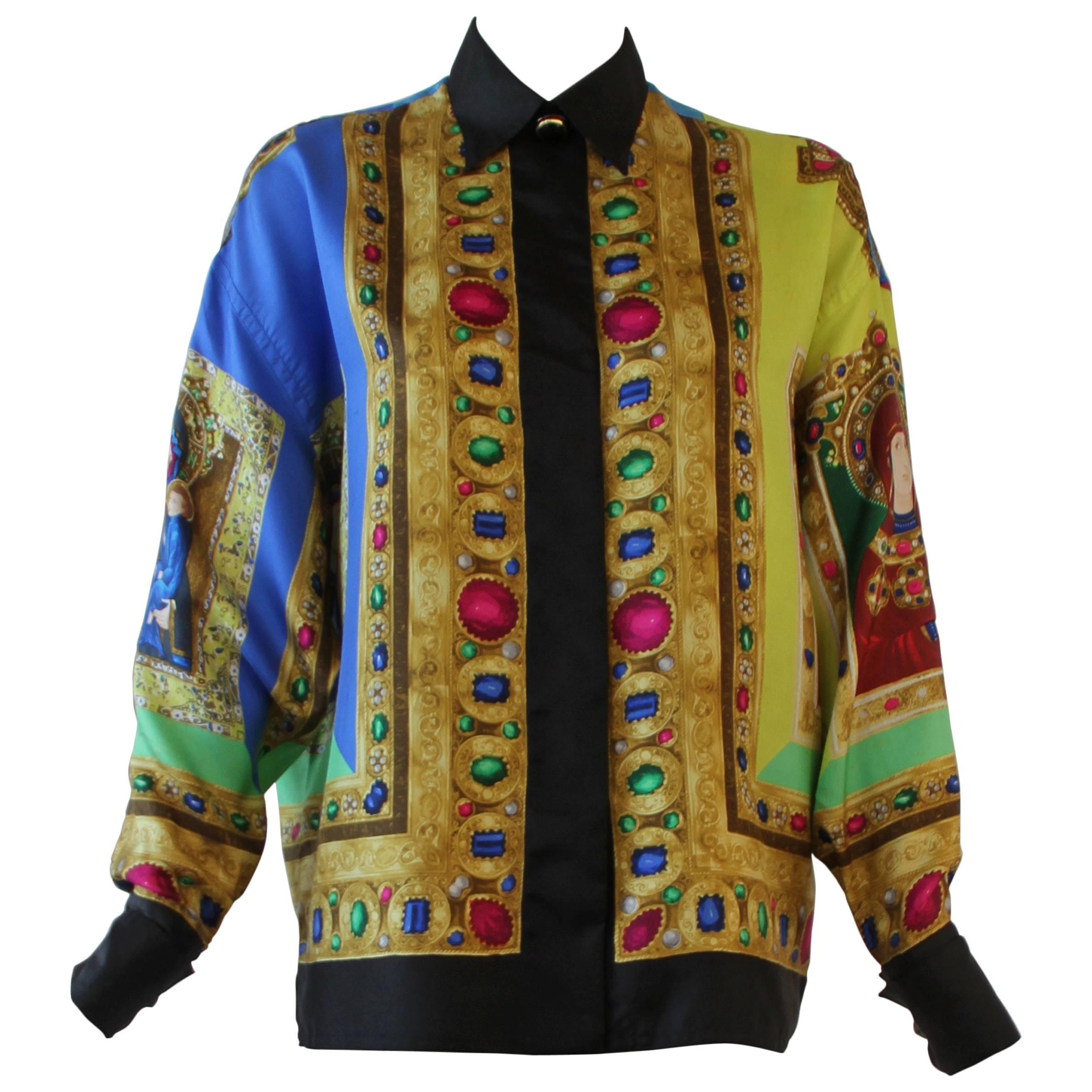 Iconic Gianni Versace Le Madonne Printed Silk Shirt Fall 1991 For Sale