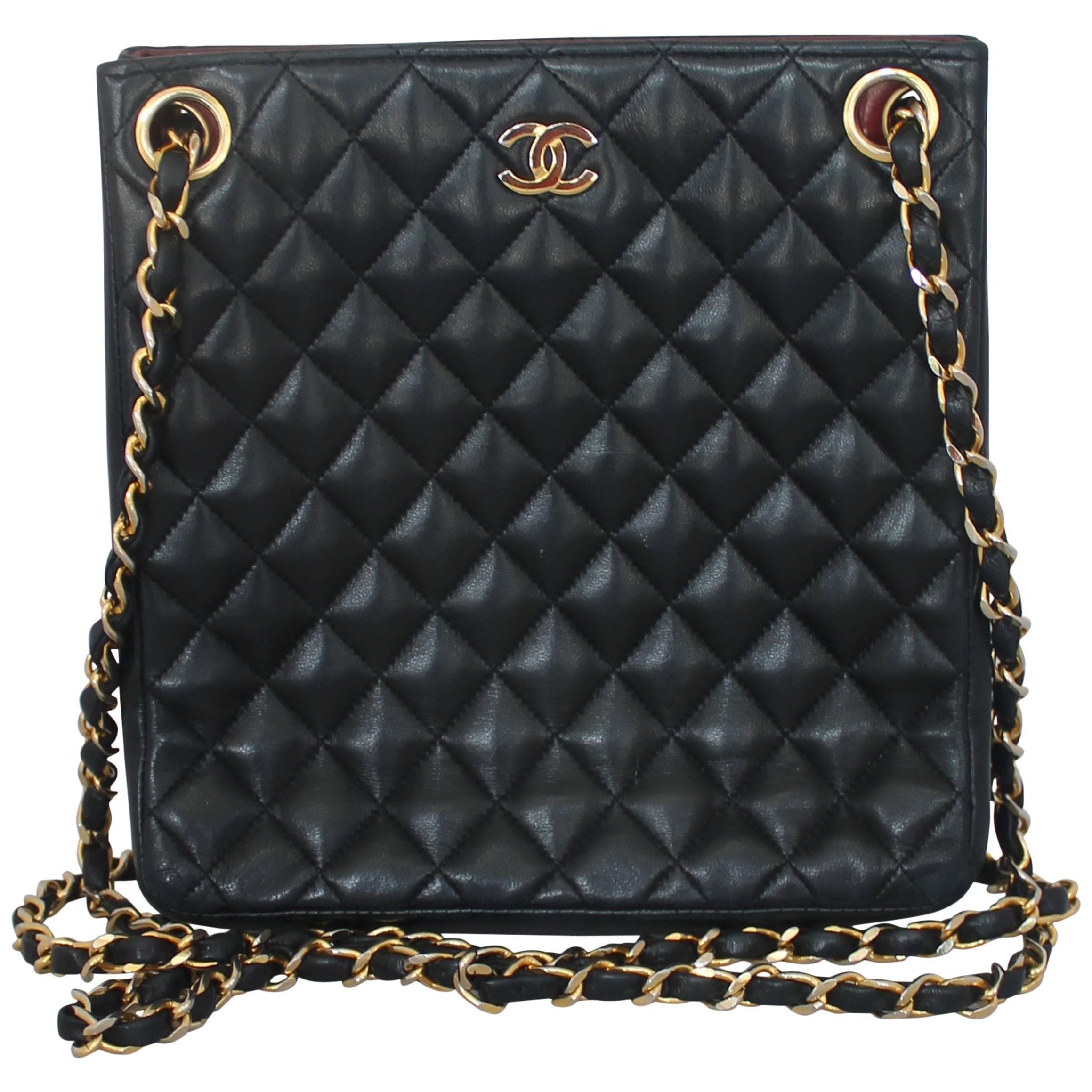 Chanel Vintage Black Quilted Lambskin Tall Handbag GHW - circa early 1980's