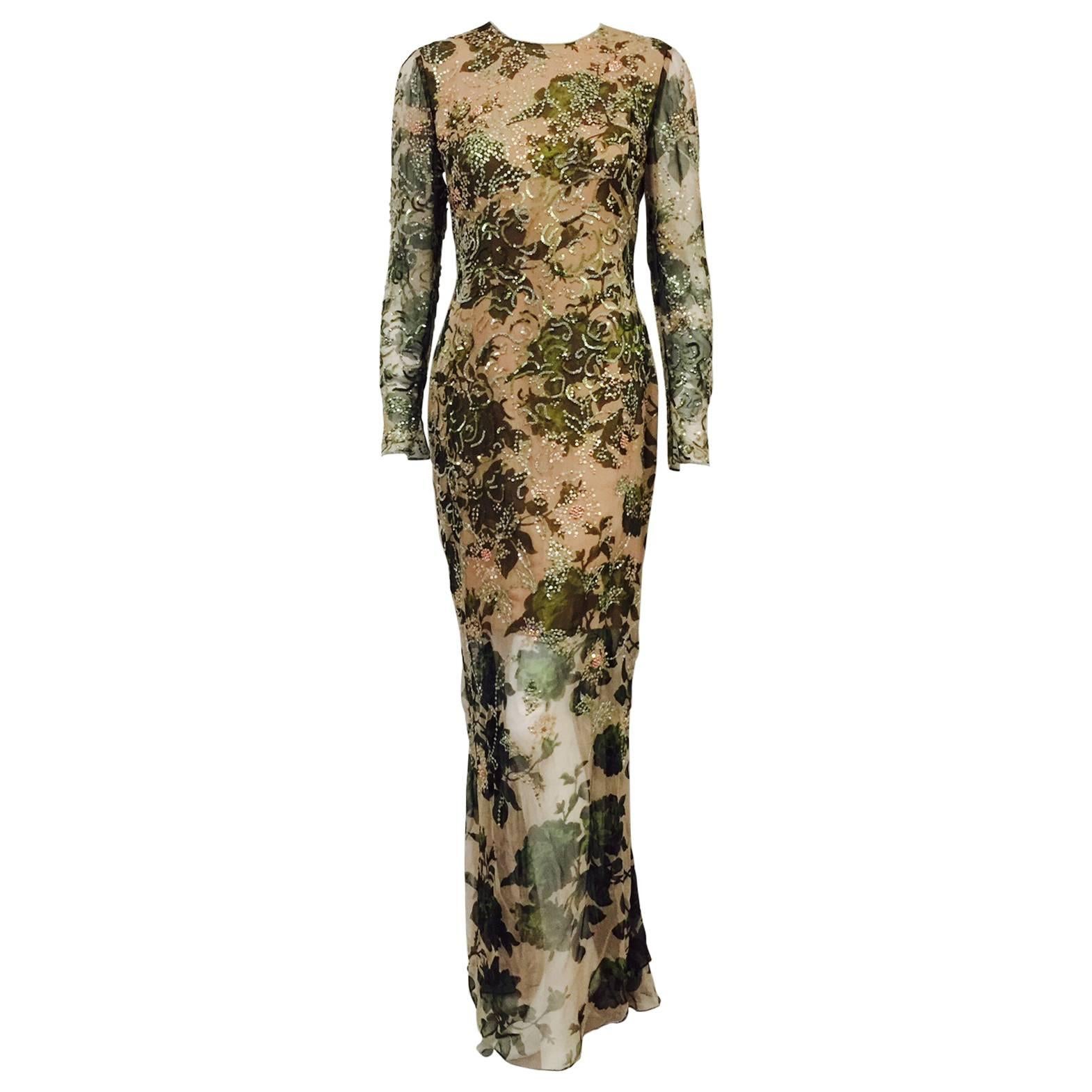 Oscar de la Renta Long Sleeve Embroidered Floral Silk Evening Dress  For Sale