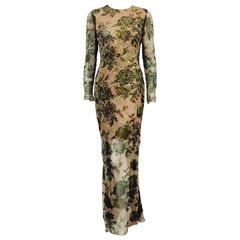Oscar de la Renta Long Sleeve Embroidered Floral Silk Evening Dress