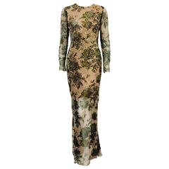 Oscar de la Renta Long Sleeve Embroidered Floral Silk Evening Dress 