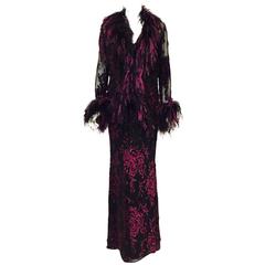 Escada Couture Embroidered Silk Evening Dress With Ostrich Trimmed Jacket 