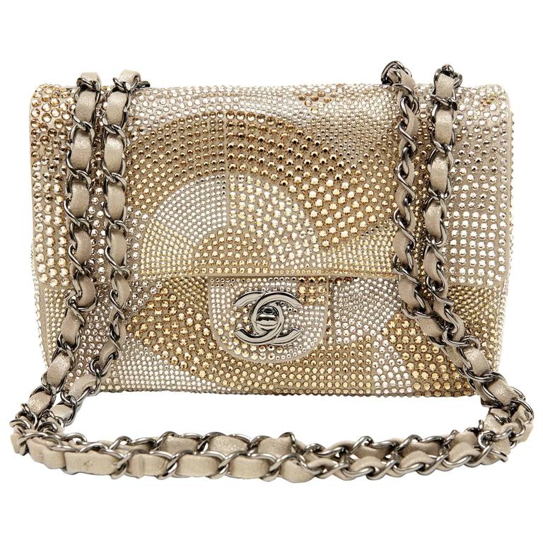 Chanel Gold Silver Crystal Mini Classic Flap- Collectible at 1stDibs