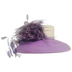Tracey Tooker Lavender Wide Brimmed Hat With Ivory Crown and Feathers