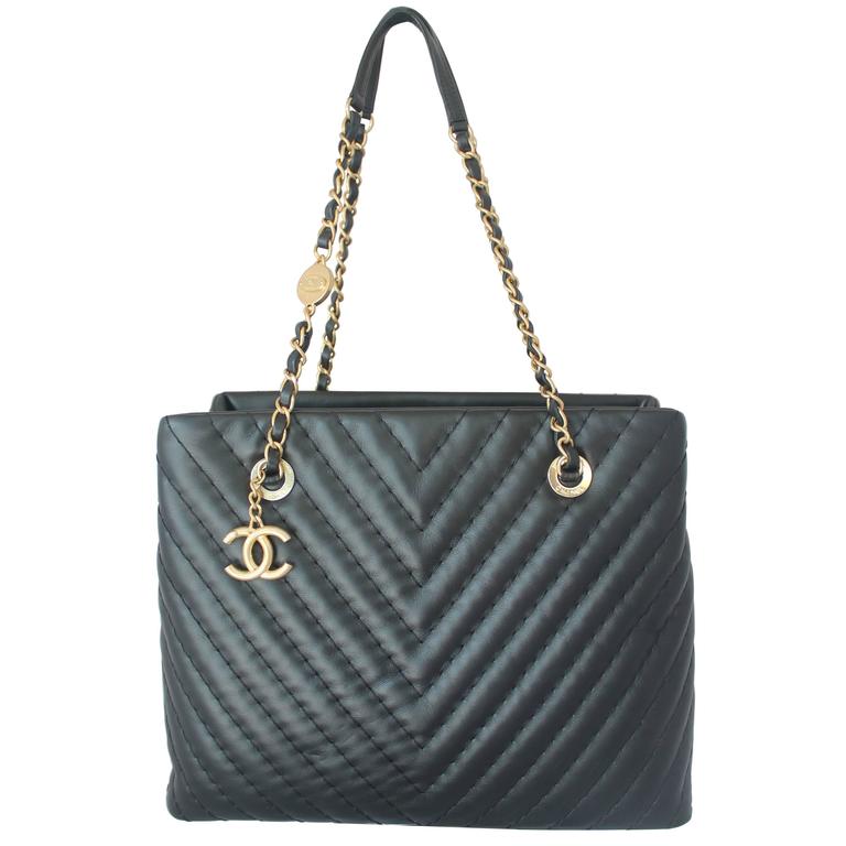 Chanel Black Leather Chevron Shopper Tote - circa 2013-2014 - NWT