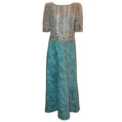 Mary McFadden Light Blue Short Sleeve Gown w/ Heavily Beaded Bodice - circa 80's 5