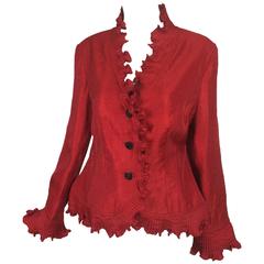 Victor Costa shimmery red evening jacket with pleated ruffle trims 