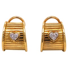 Diamond Heart Signed Designer DKW Yellow Gold French Vintage Clip-on Earrings 