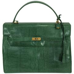 Luc Benoit green glazed lizard Kelly style handbag gold hardware 1990s 8