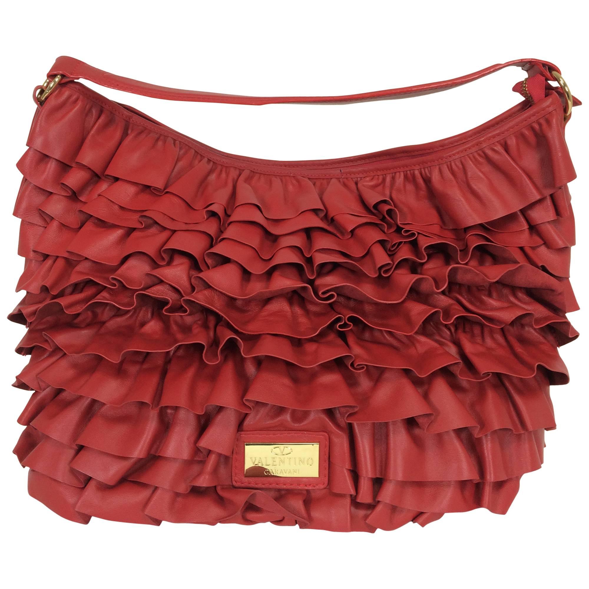 Valentino large red leather ruffle shoulder bag