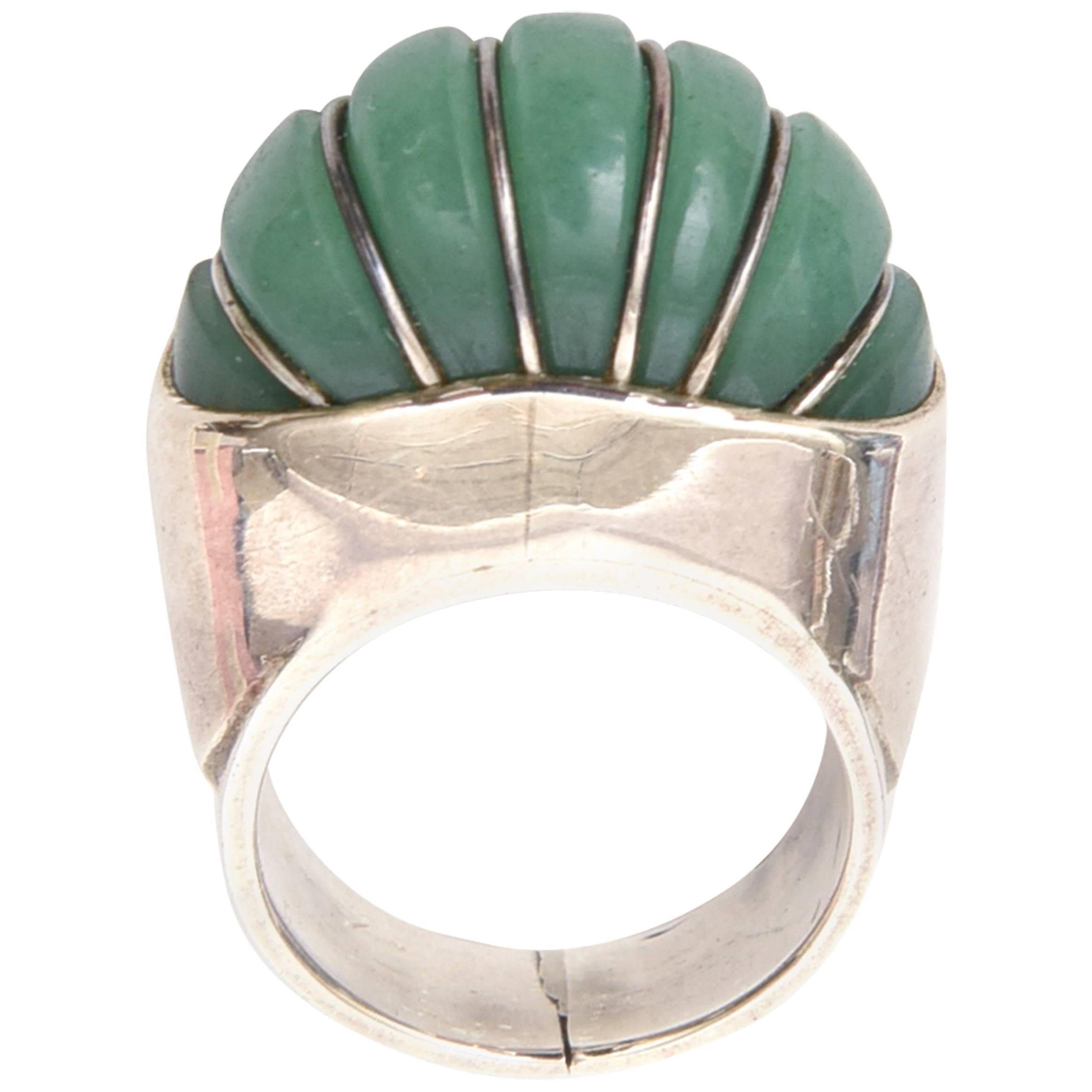 Hallmarked Sculptural Sterling Silver And Jade Dome Ring