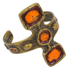 Modernist Bronze Cuff Bracelet with Orange Enamel by French Artist St Luc 