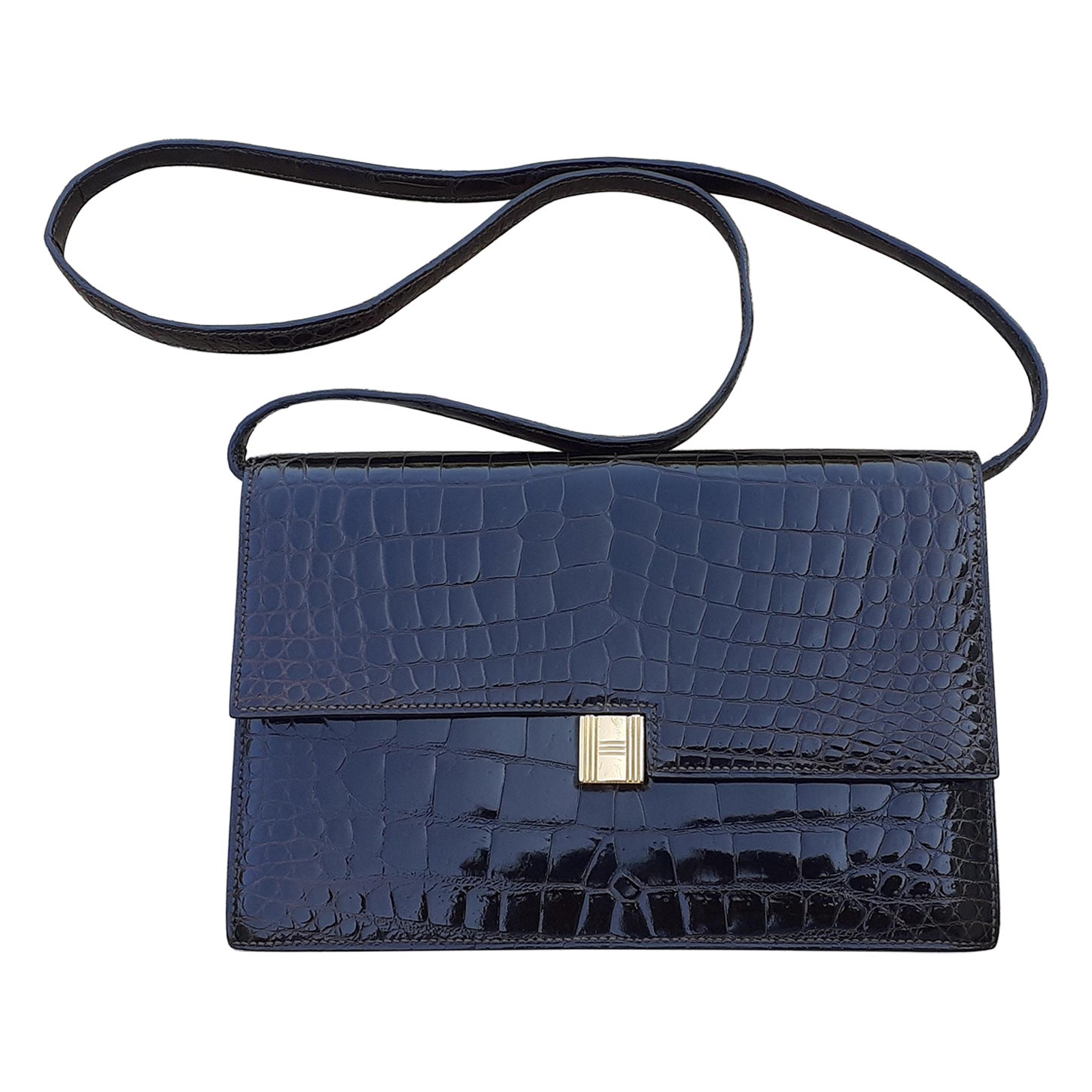 Exceptional Hermès Vintage Padlock Handbag Clutch Bag Shiny Brown Crocodile Ghw
