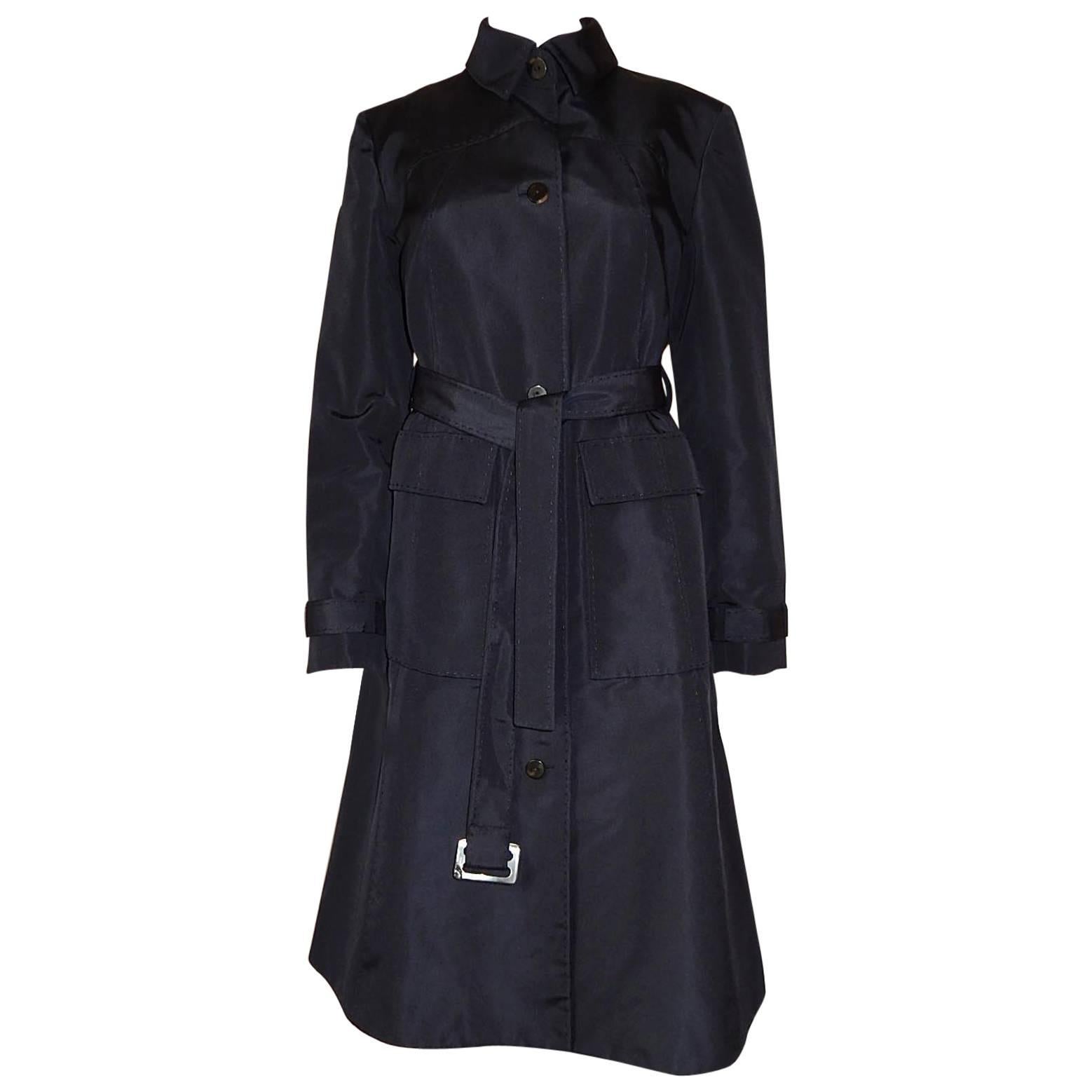 Chado Ralph Rucci Navy 100% Silk Long Coat with Belt Made in US For Sale