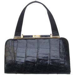 Sleek Ebony Alligator Leather Used Handbag ca 1960