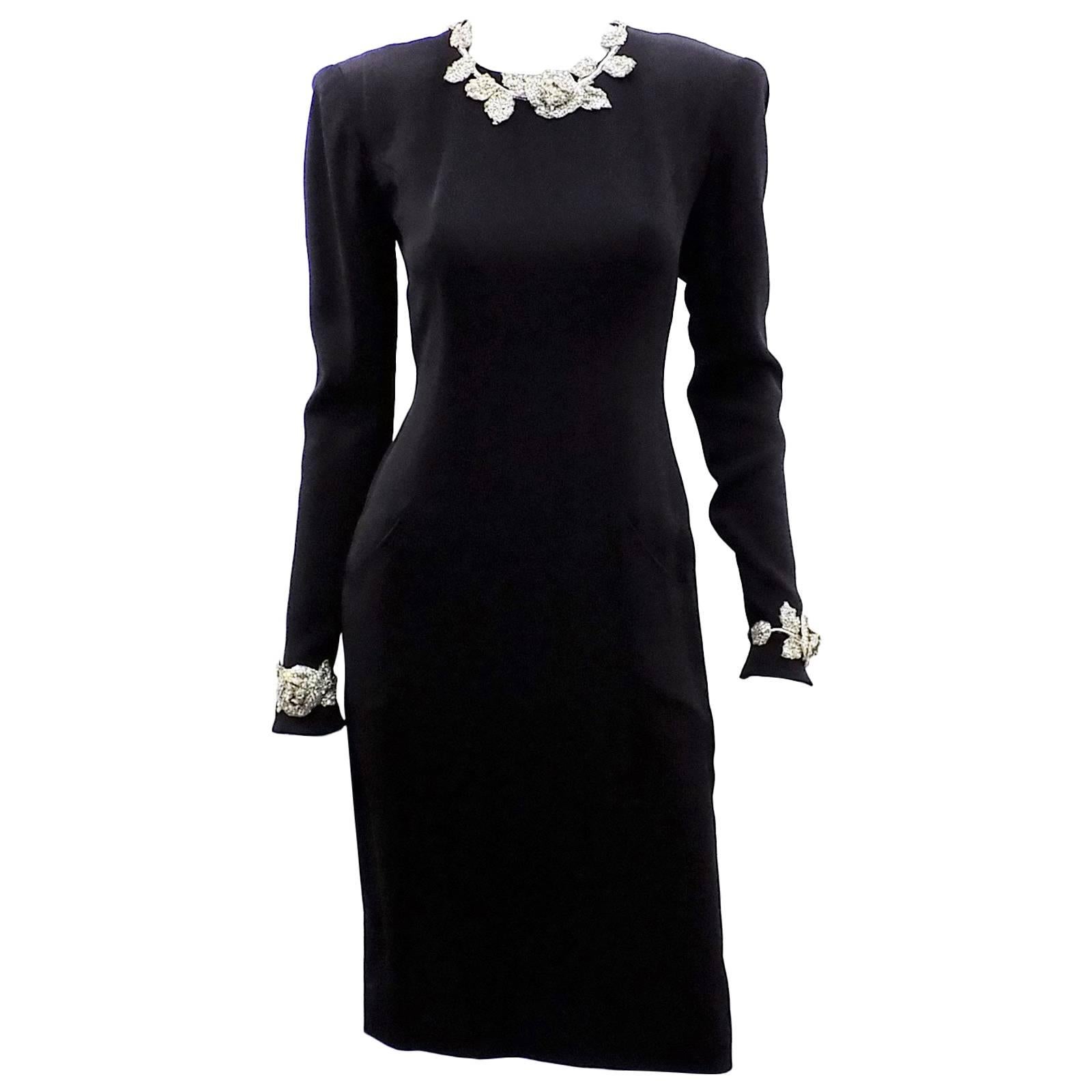 Chanel Vintage Haute Couture Black Cocktail dress w silver Lesage Cammelia  trim