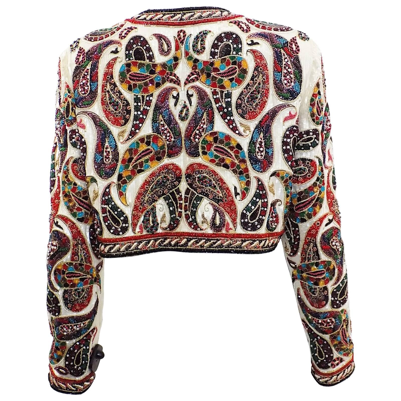 Fashion your seat belt!! Absolutely stunning silk hand beaded and embroidered jacket bolero by Bill Blass. Spectacular intricate work that resembles stained glass. Every  sequin, bead, crystal, pearl and thread is intact. Like new. Silk, silk lined.