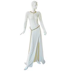  Alexander McQueen 2006 Winter White Thigh High Slit Dress Gown 