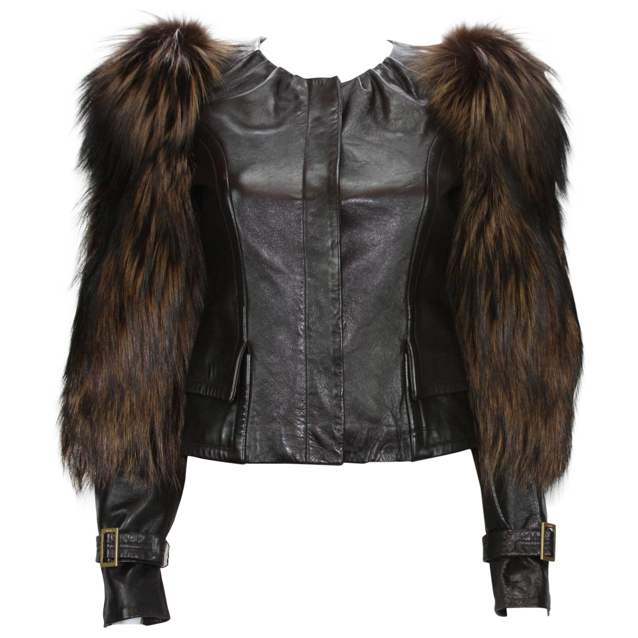 Tom Ford for Gucci Fall 2003 Fox Fur Leather Brown Jacket 38