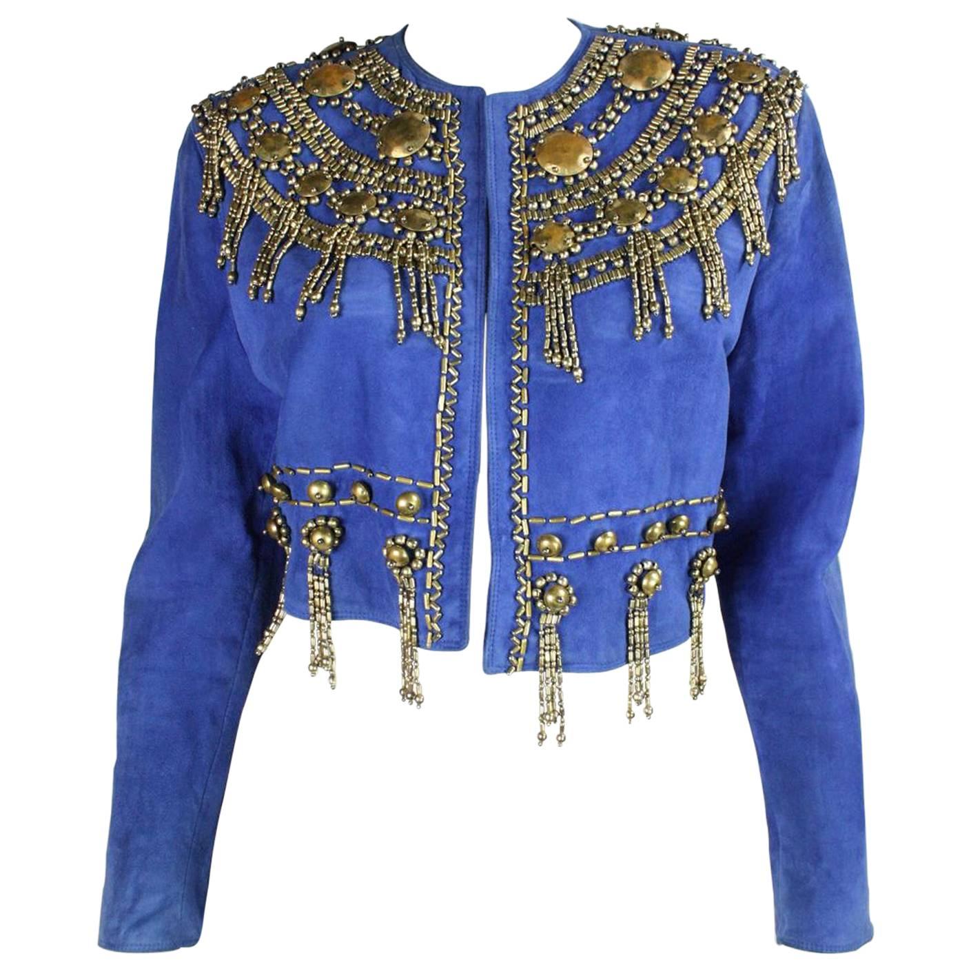1990's Gianni Versace Beaded Blue Suede Jacket For Sale