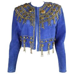 1990's Gianni Versace Beaded Blue Suede Jacket