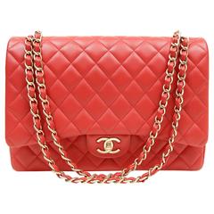 Chanel Red Lambskin Maxi Double Flap
