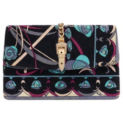 Vintage EMILIO PUCCI c.1970’s Velvet Geometric Floral Blue Fold Over Gold Chain Clutch