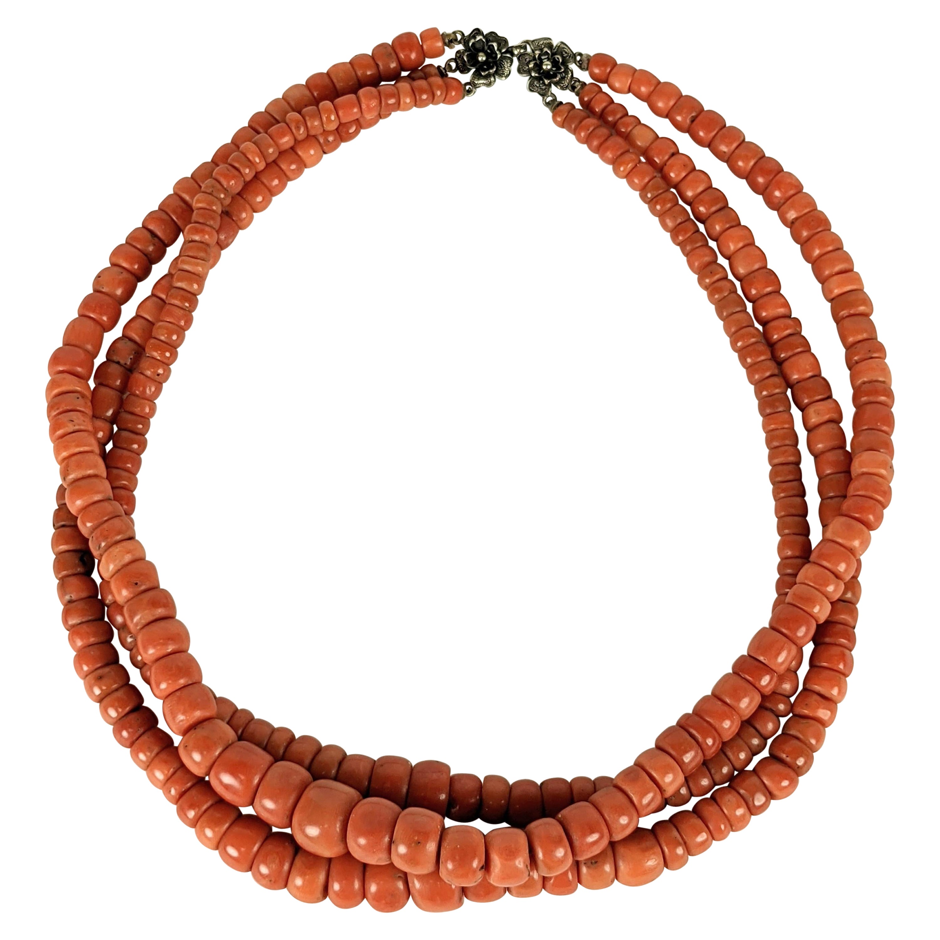 Rare Antique 3 Strand Coral Beads  For Sale