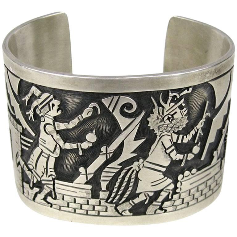 Wide Sterling Silver Southwestern Story Teller Bracelet For Sale at 1stdibs