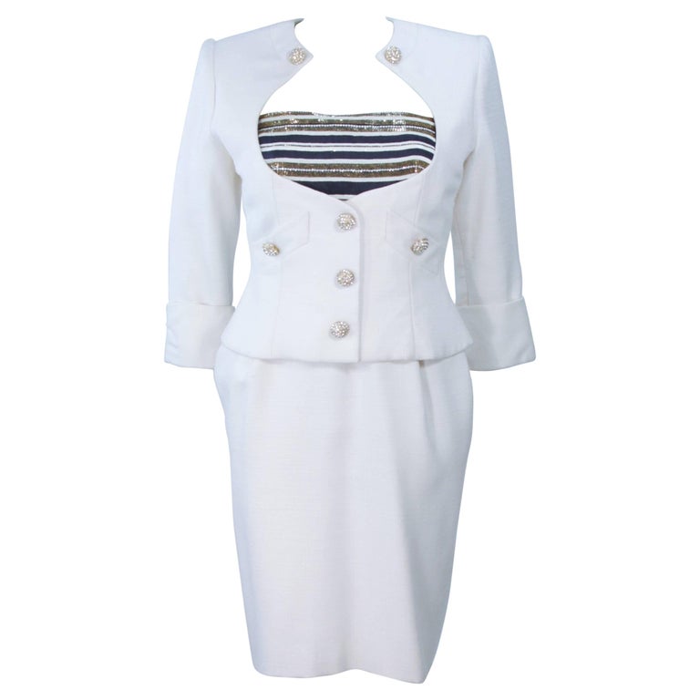 JEAN PATOU COUTURE Embellished White Gold and Navy Linen Dress Ensemble  Size 2-4 For Sale at 1stDibs