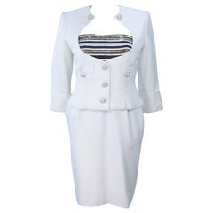 JEAN PATOU COUTURE Embellished White Gold & Navy Linen Dress Ensemble Size 2-4 2