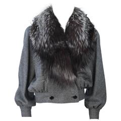 VALENTINO Fox Trim Black and White Wool Bomber Style Jacket Size 8