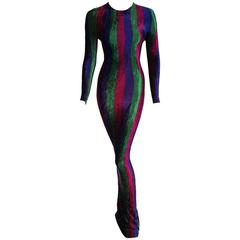 Vintage 1993 Gianni Versace Couture Striped Velvet Hourglass Long-Sleeve Gown Dress 