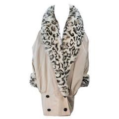 ANDREA ODICINI Khaki Coat with Patterned Oversized Fox Fur Collar & Trim Size 42 1