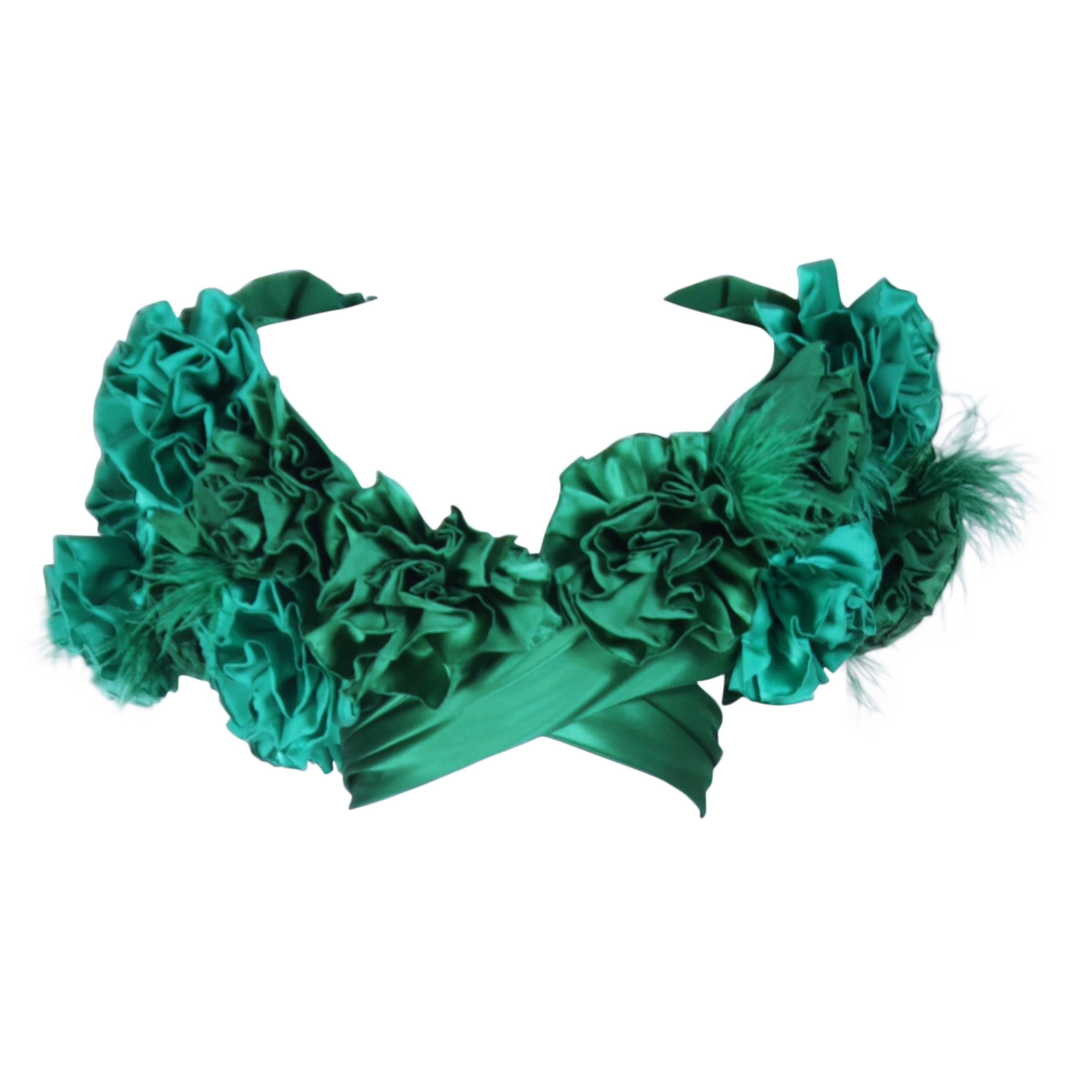 ELIZABETH MASON COUTURE Made to Order Silk Green "Rose" Wrap with Feathers For Sale