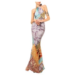 Roberto Cavalli, abito in seta con stampa floreale leopardata e collo a cavezza, senza schienale, maxi vestito