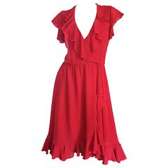 Beautiful Vintage Adele Simpson 70s Red Silk Wrap Dress w/ Flutter Sleeves 