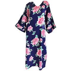 Vintage Mary McFadden Purple + Pink + Green 3-D Rose Print Caftan Dress 9