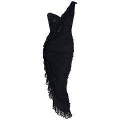 1977 Loris Azzaro Couture Black Sequin Lace Chiffon One-Shoulder Bias Cut Dress