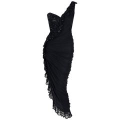 1970's Loris Azzaro Couture Black Sequin Lace & Chiffon One-Shoulder Dress 1