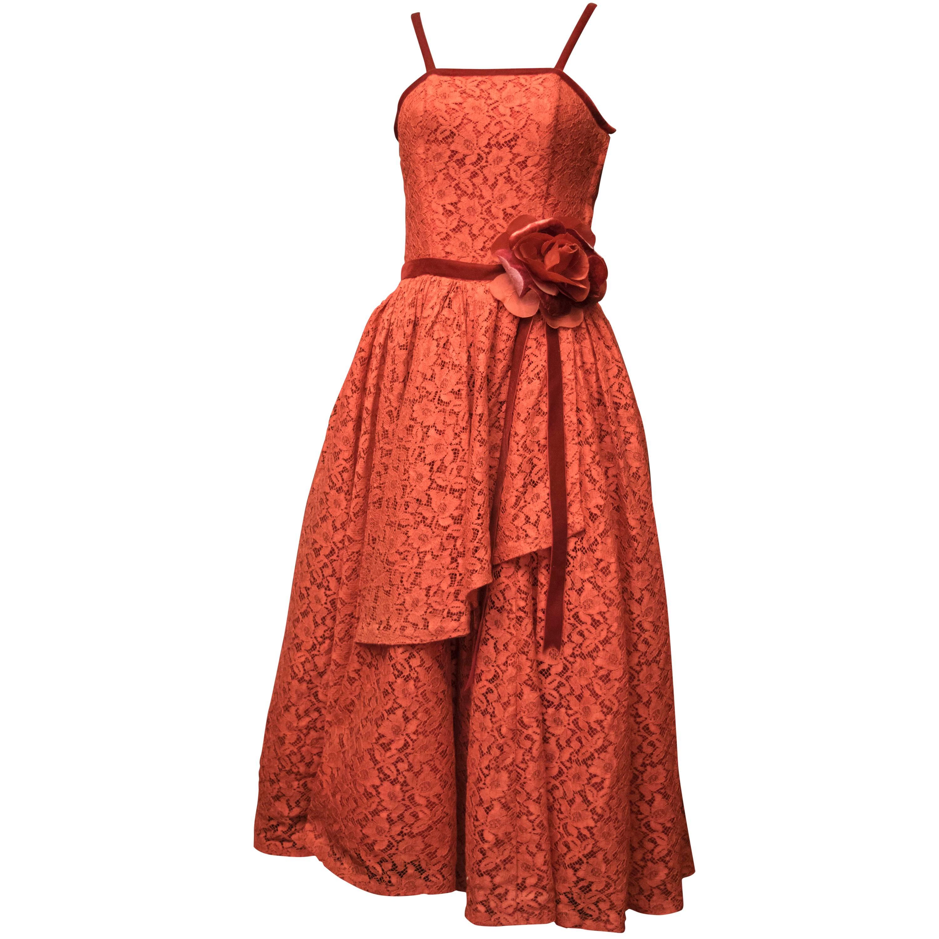 1950s Red Lace Cocktail Dress For Sale