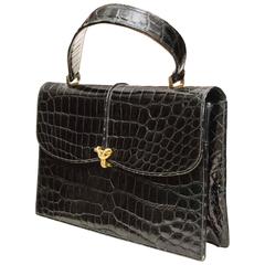 Vintage 1960s Saks Fifth Avenue Black Alligator Handbag 