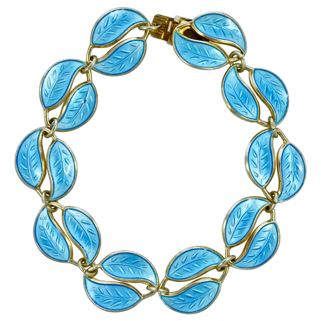 David Andersen Gold Plated Sterling Silver Blue Enamel Double Leaf Bracelet 