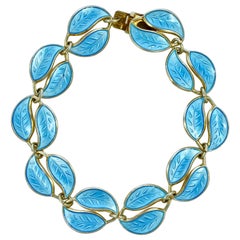 David Andersen Gold Plated Sterling Silver Blue Enamel Double Leaf Bracelet 