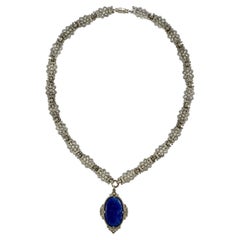 Art Deco Silver Plated Link Chain Sautoir Necklace with Lapis Lazuli Pendant