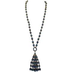 Francoise Montague Long Blue Crystal Tassel Necklace 