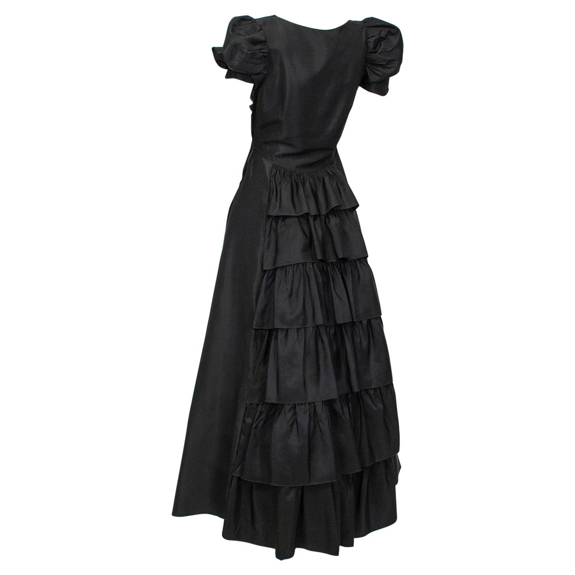 Black Adrian-Inspired Hollywood Regency Gown w Cascading Ruffle Back – XS, 1930s For Sale